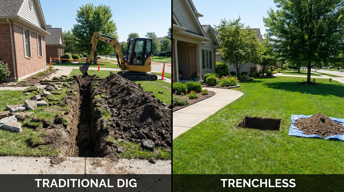 Trenchless sewer repair with minimal yard damage versus traditional excavation in Dalton, OH