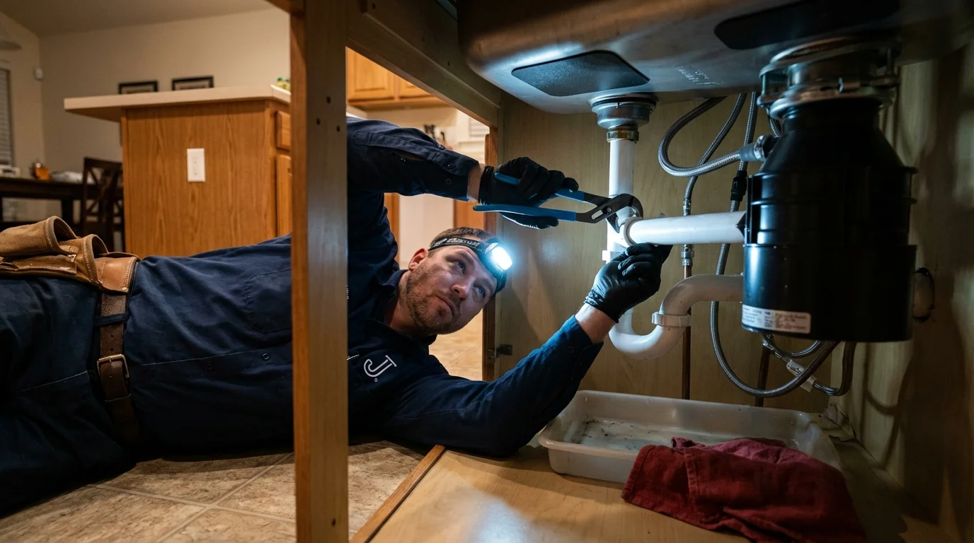 P-trap and supply line connections under a kitchen sink showing a common leak point in Dalton, OH